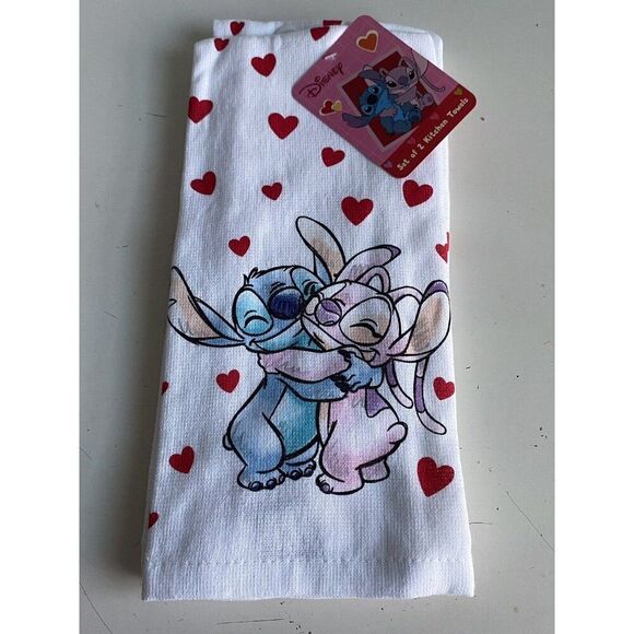 2 Pack Disney Stitch And Angel Kitchen Towels Hearts Valentine's Day Love NEW - Picture 1 of 11